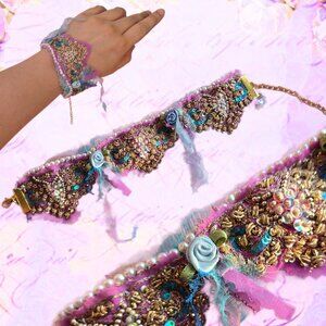 Handmade Pink Lilac and Lavender Shimmering Rework-Vtg. Embroidered Bracelet